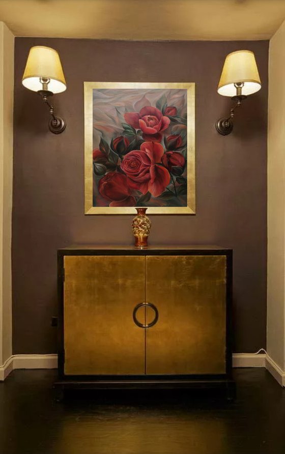 Embrace of terracotta roses, oil painting, original gift, home decor, Flowering, Spring, Leaves, Living Room, leaves,  flower picture