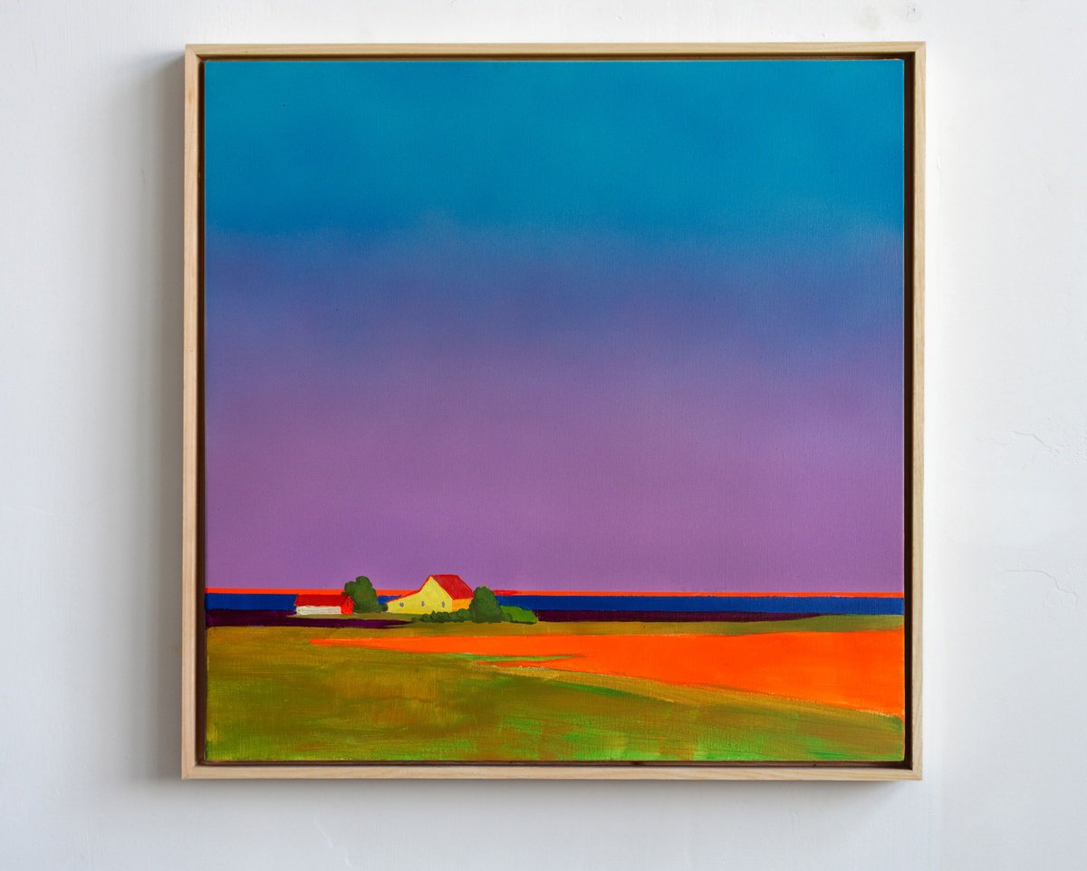 Impressionistic Landscape Acrylic Painting By Bohdan Katolyk, 24 X 24, Orange Field, Original Artwork