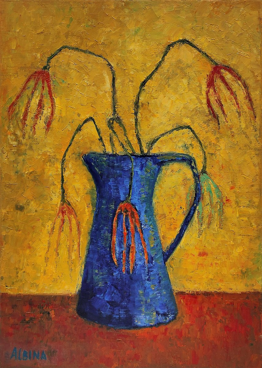 Impressionistic Botanical Oil Painting By Albina Urbanek, 13 X 18, Wilted Tulips, Original Artwork