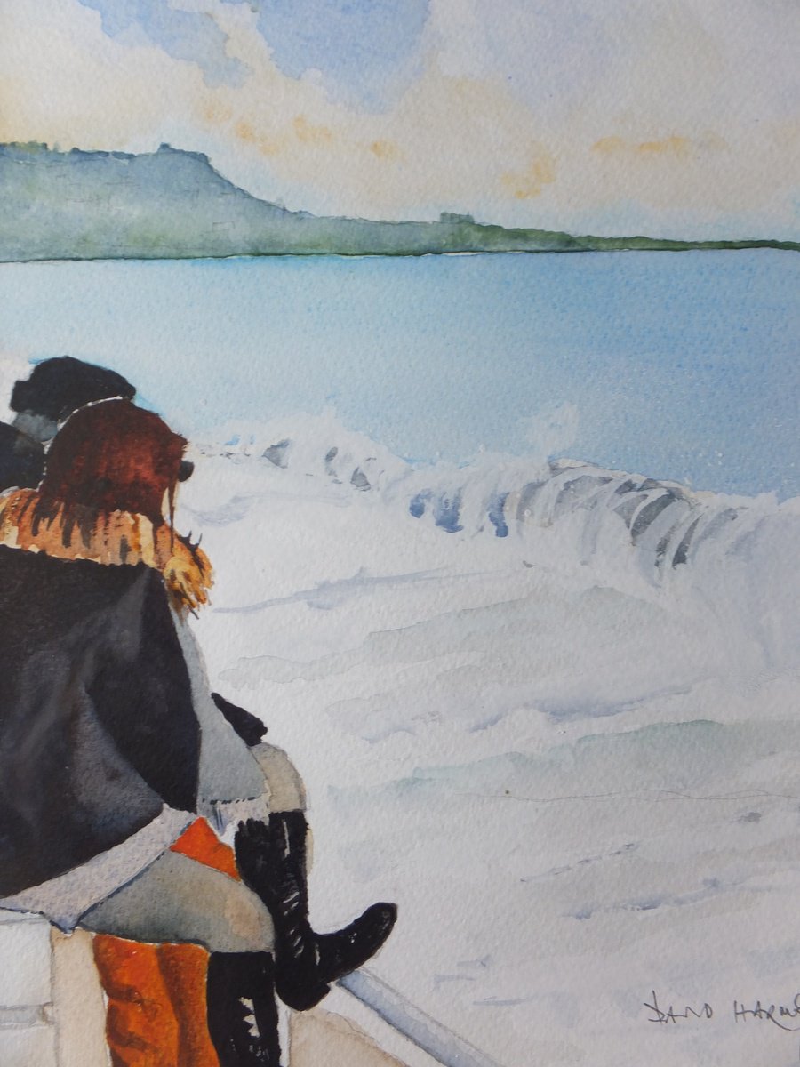 Photorealistic Landscape Watercolour By David Harmer, 10 X 14, Sea Gazers In Nice, Original Artwork