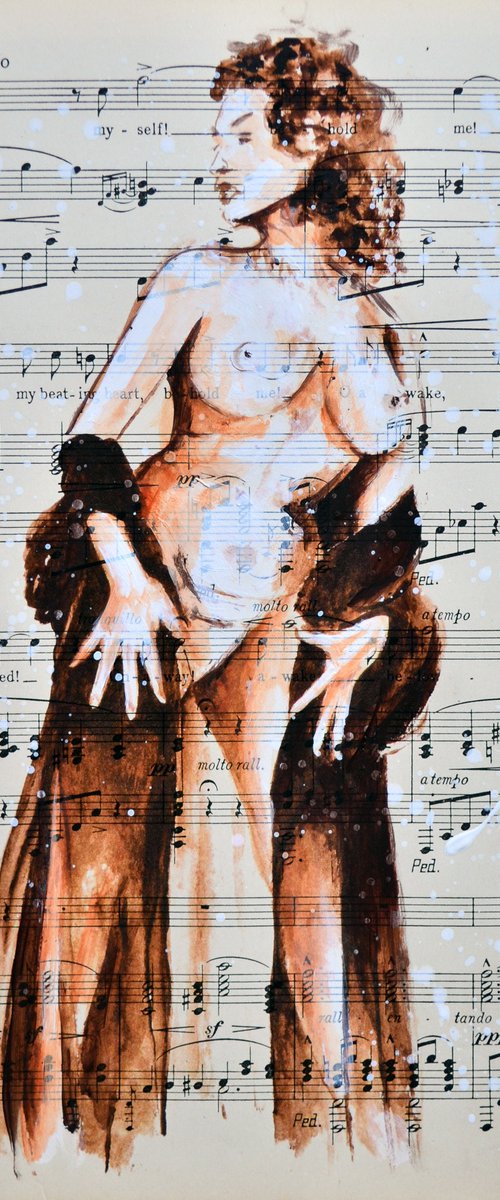 Nude 4 - Feel The Power - Collage Art on Vintage Music Sheet Page by Jakub DK - JAKUB D KRZEWNIAK