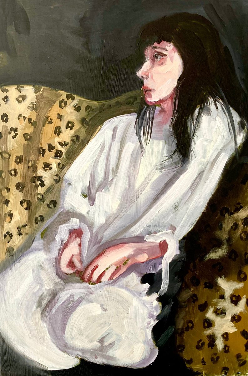 Expressive Portrait Oil Painting By Sarah Bale, 9 X 13", Woman On Sofa, Original Artwork