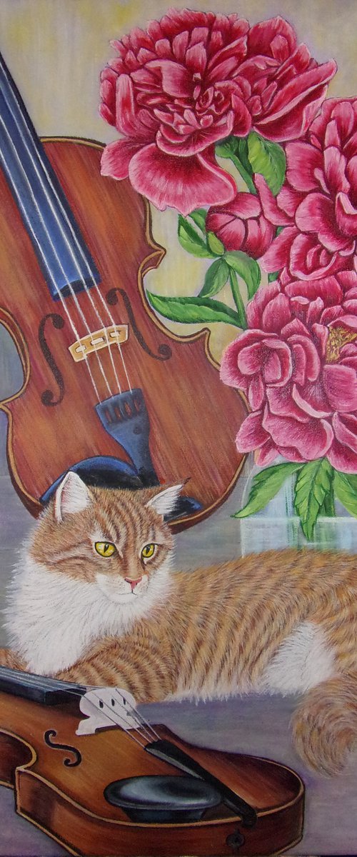 Ginger Cat with violins and peonies by Sofya Mikeworth