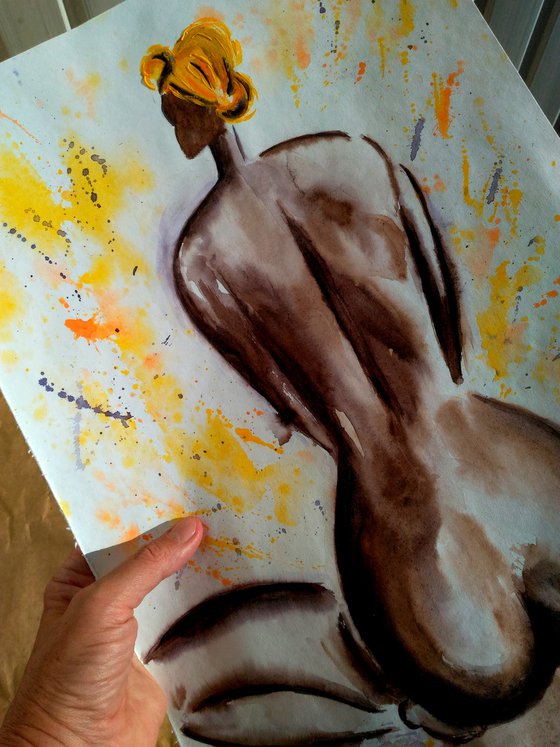 Nude Painting Woman Original Art African Queen Watercolor Female Nude Home Wall Art 12 by 17" by Halyna Kirichenko