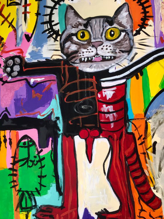 Red Cat Troy King, (102 x 91cm, 40 x 36 inches ) version of painting by Jean-Michel Basquiat  Untitled GLOW IN THE  DARK