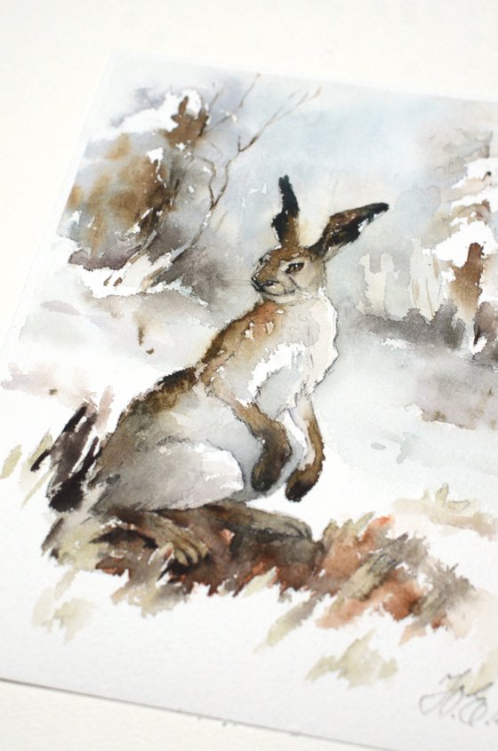 Hare in winter the forest, Watercolor animal