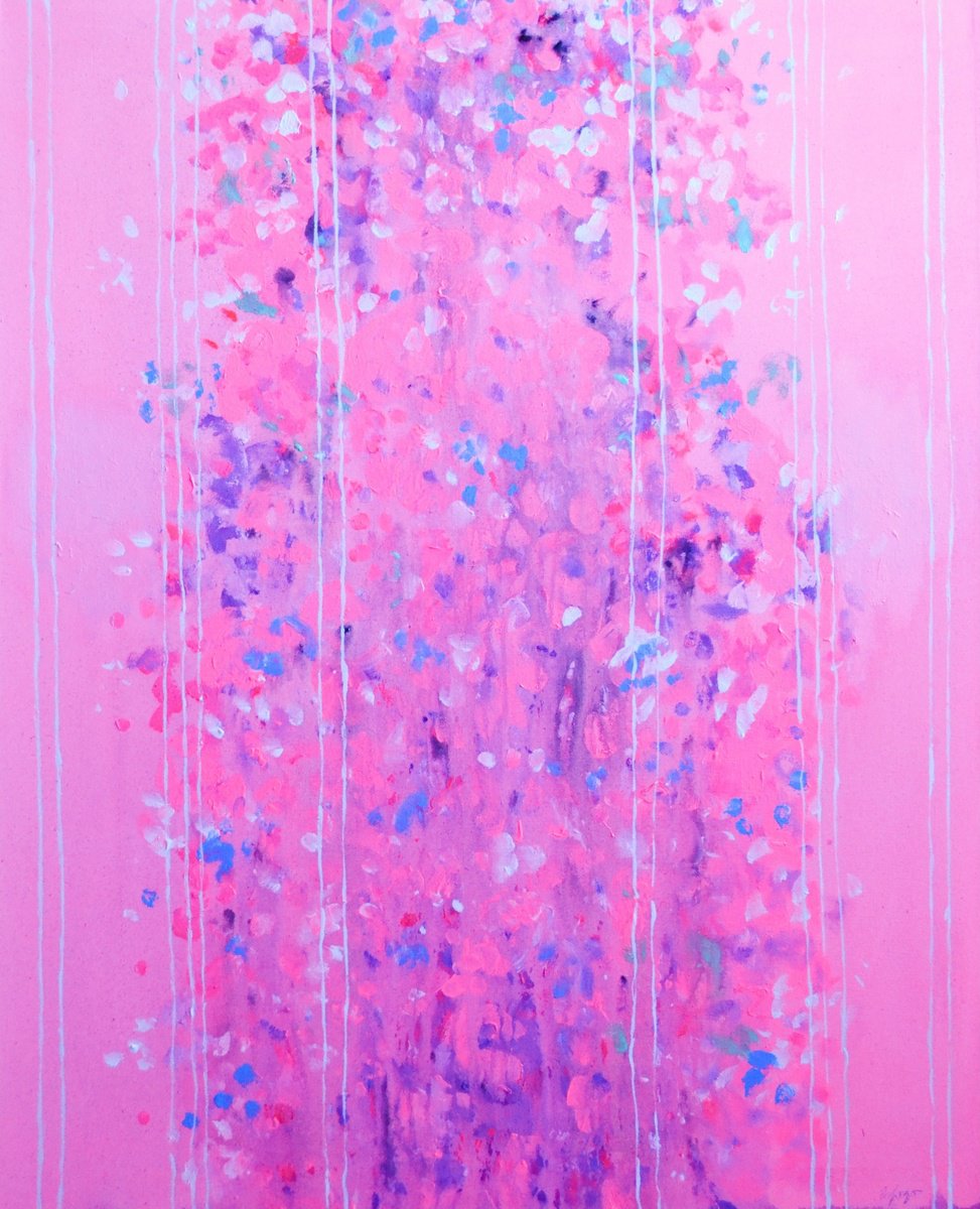 Abstract Botanical Oil Painting By Gela Mikava, 43 X 54, Pink Abstraction, Original Artwork