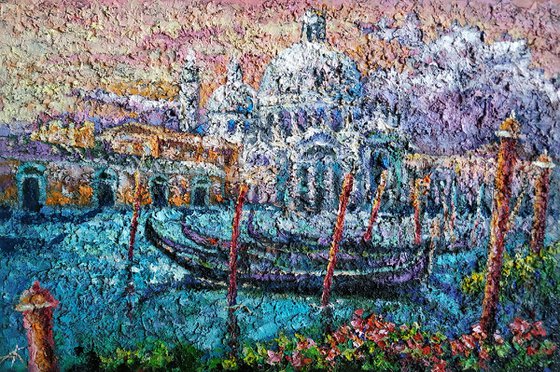 Morning venice - oil painting, canals in Venice, gondolas in Venice, venice Italy