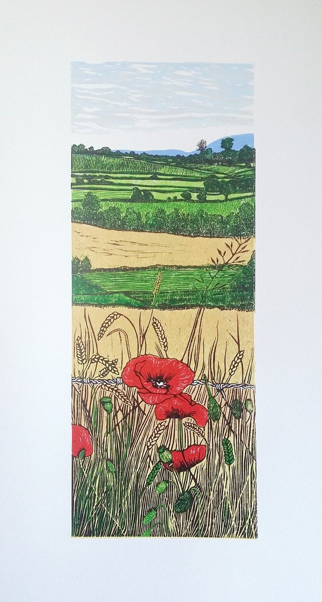 Expressive Landscape Linocut By Carolynne Coulson, 12 X 22, Poppies In The Corn, Original Artwork