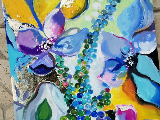 Emerald and blue flowers painting with hummingbird