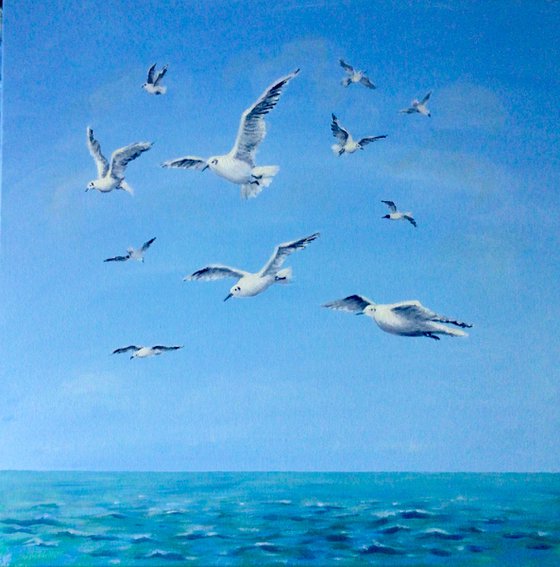 Seagulls Flying Over the Sea