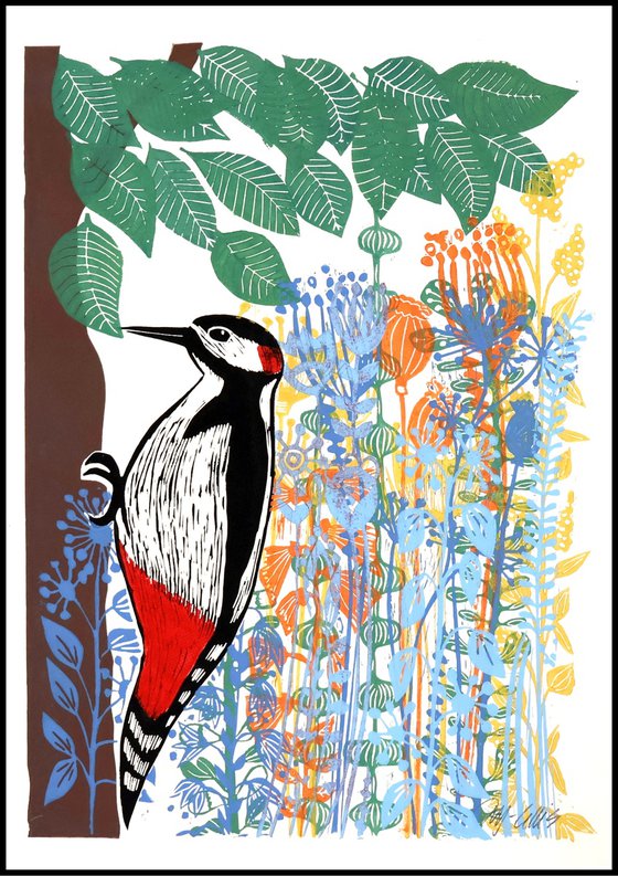 Woodpecker and Flowers