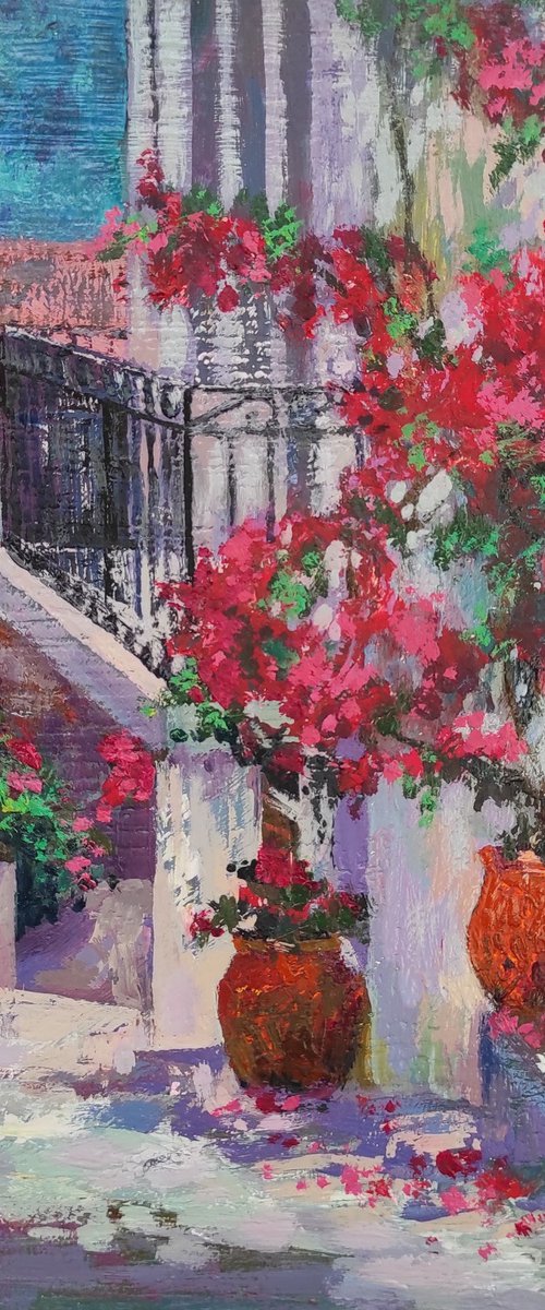 Courtyard in Greece - oil painting, landscape by Tetiana Borys