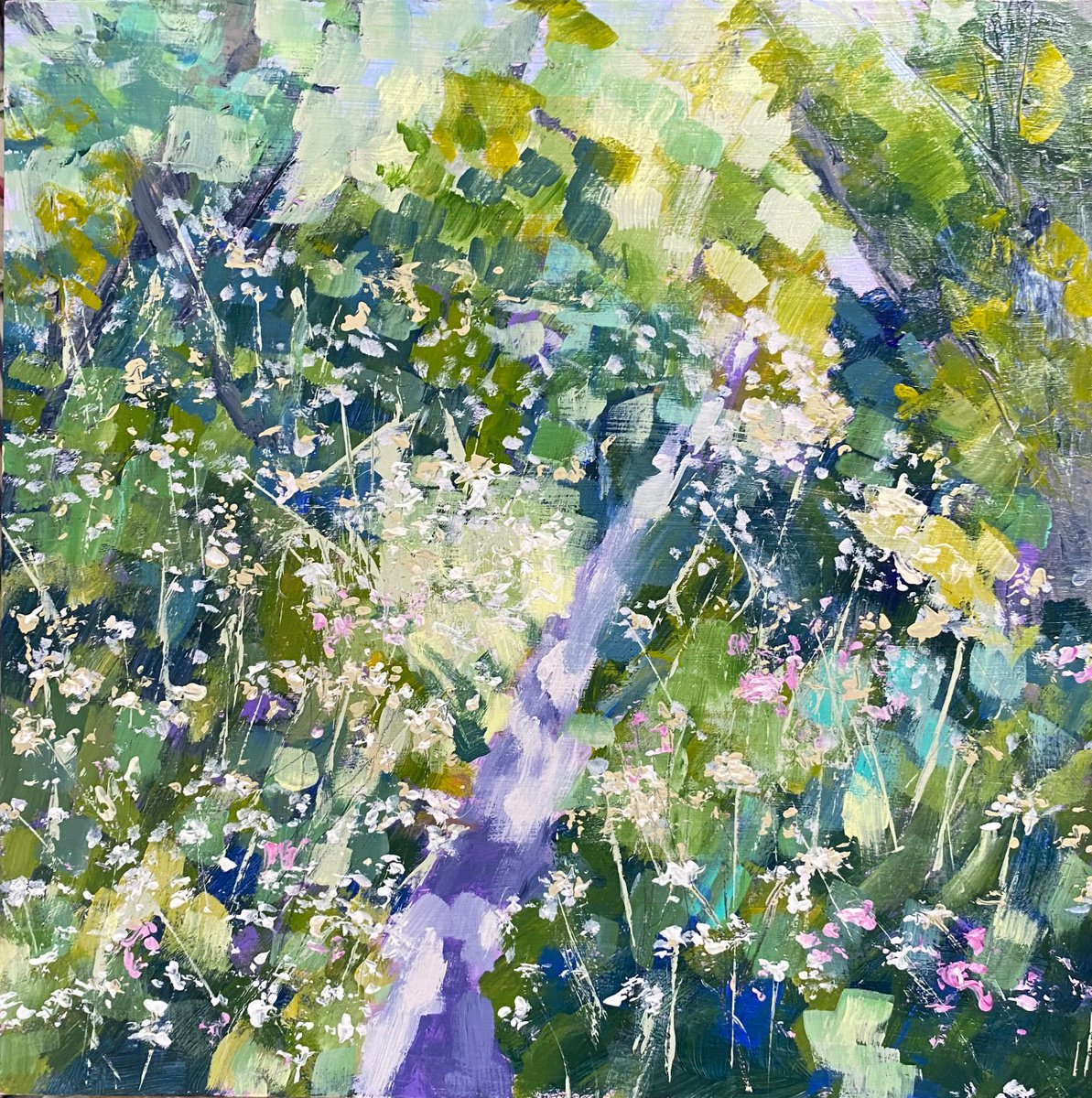 Impressionistic Landscape Acrylic Painting By Nikki Wheeler, 14 X 14", Cow Parsley Path, Original Artwork
