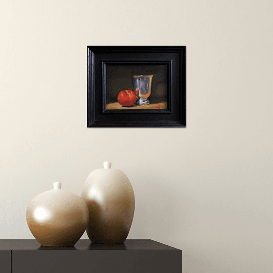 Plum & Silver Pot Still Life original oil realism painting, with wooden frame.