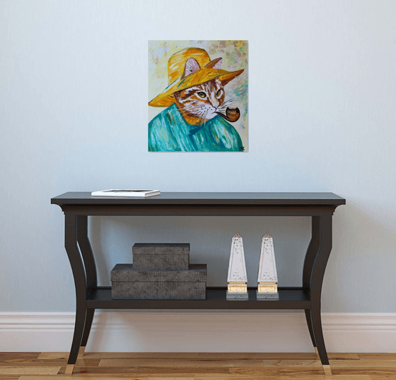 Creative Cat La Vincent Van Gogh with a pipe  oil painting for cat lovers