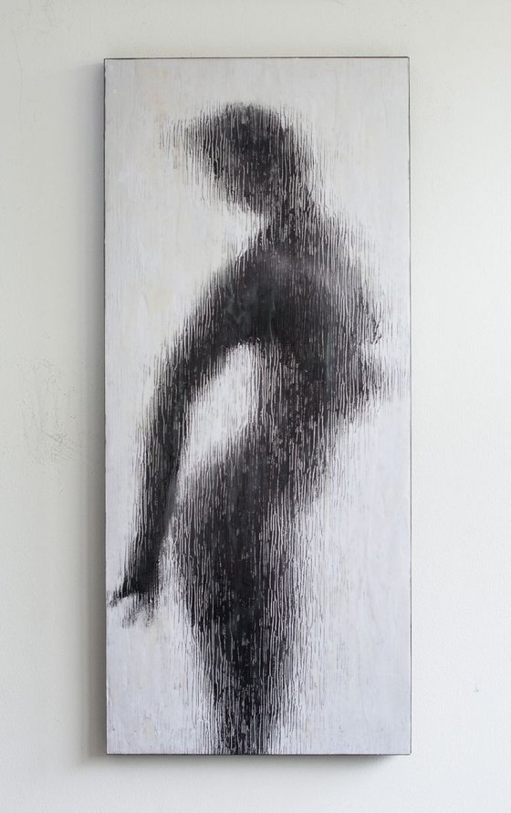 "Resignation" (80x35x2,5cm) - Unique portrait artwork on wood (abstract, portrait, gouache, original, painting, coffee, acrylic, oil, watercolor, encaustics, beeswax, resin, wood, fingerpaint)