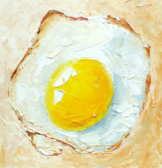 Fried Egg Painting Original Art Kitchen Food Artwork Breakfast Wall Art Small Oil Painting