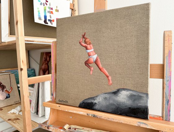 Leaping into Water - Swimmer Woman Dive Beach Painting
