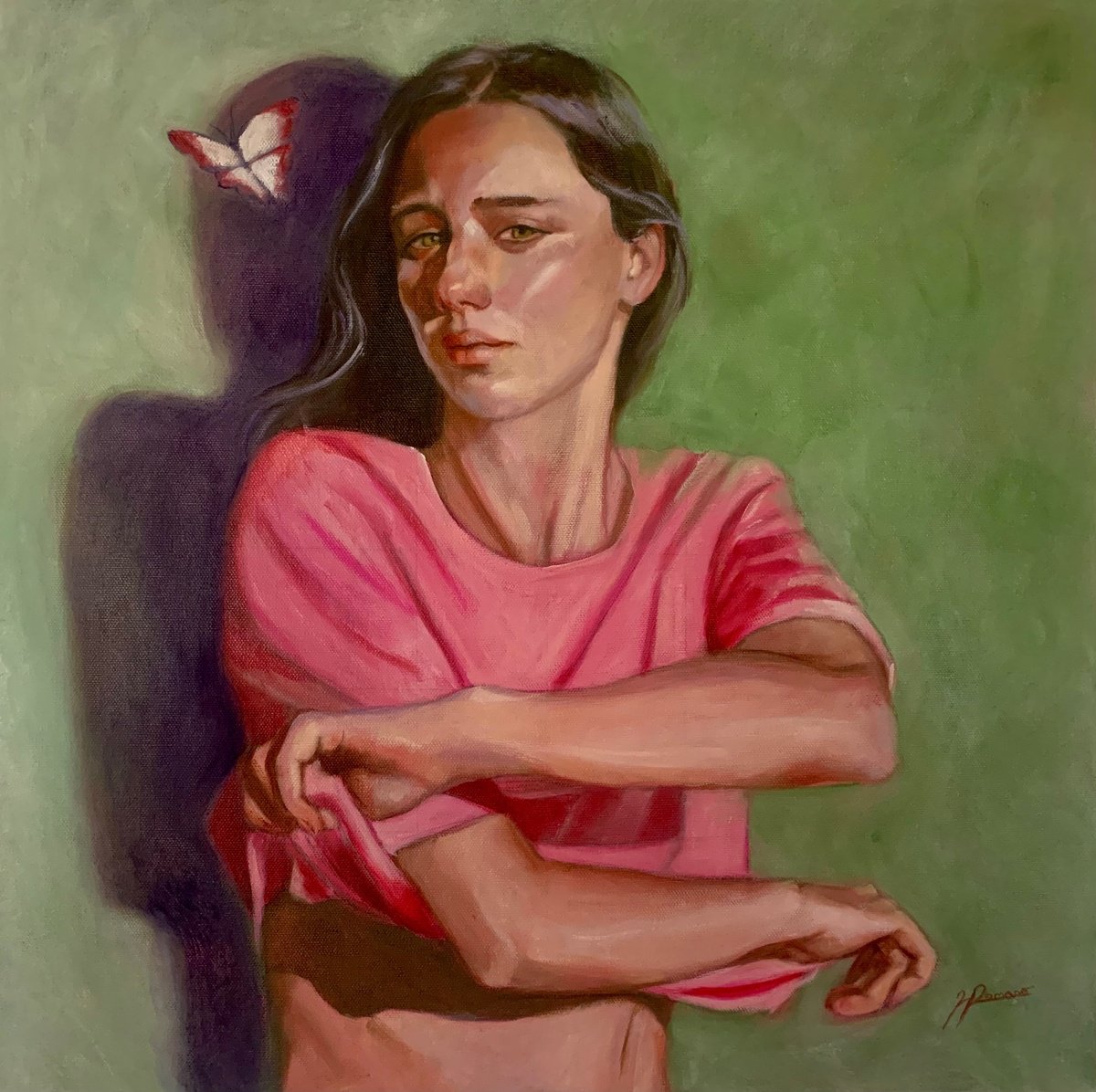 Expressive Portrait Oil Painting By Maria Romano, 20 X 20", Wings On The Border, Original Artwork