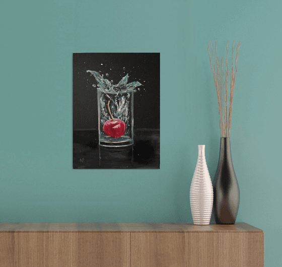 Cherry, glass, water, splash, original oil painting