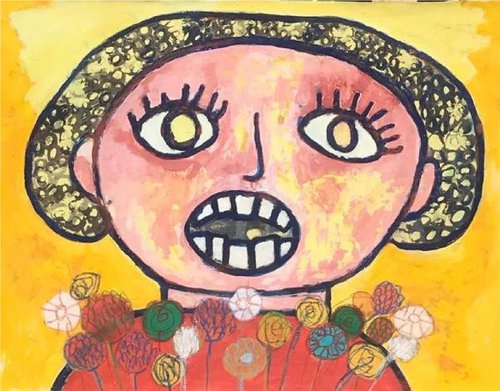 Girl on a yellow background with an open mouth by Gabo Mendoza