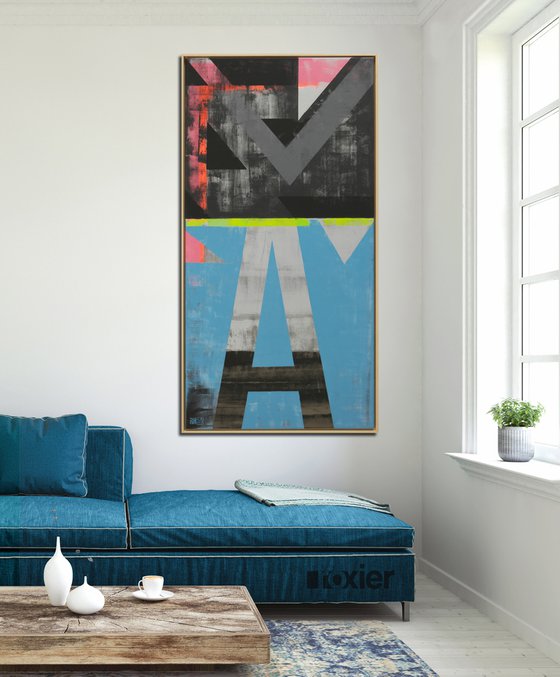Large Abstract Painting - Vintage Typopop in Blue  & Yellow - Incl Frame - 75x145cm - 16M