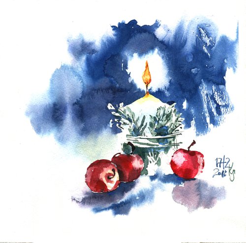 Watercolor sketch "Light of winter evenings" original illustration by Ksenia Selianko