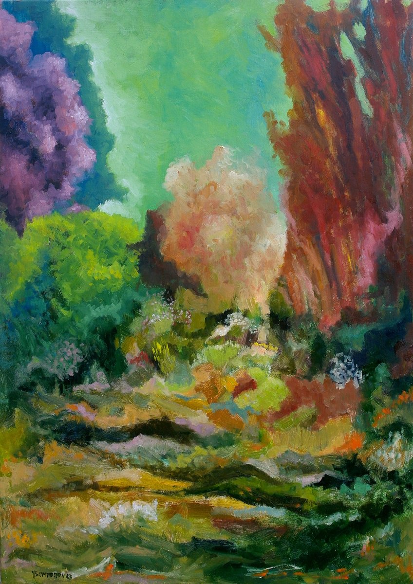 Expressive Abstract Oil Painting By Juri Semjonov, 20 X 28", Fairy Forest, Original Artwork