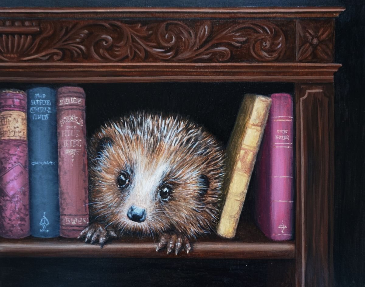Wild @ Home Hedgehog in the Bookcase 10x8 inch ?210 by Jayne Farrer