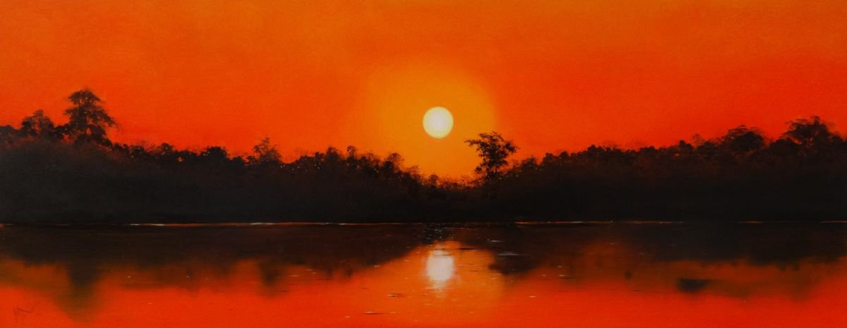 Impressionistic Landscape Painting By Mel Davies Original Art, 30 X 12", Reflecting On The Day, Original Artwork