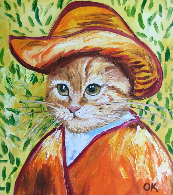 Satisfied  Cat La Van Gogh in a straw hat FELINE ART FOR CAT LOVERS GIFT IDEA