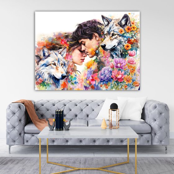 Love man and woman in flowers. Wolves. Floral large portrait wall home decor. Art Gift for couple