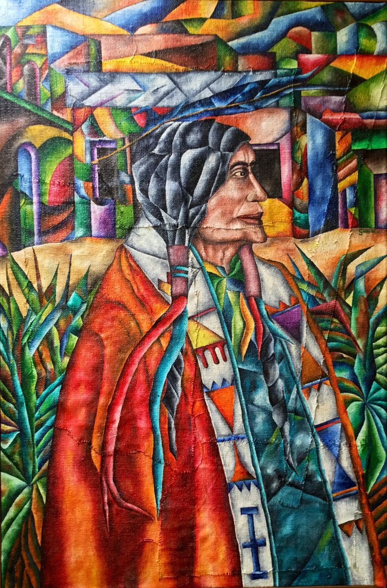 Naive Portrait Oil Painting By Jg Wilson, 32 X 48, Indian Chief, Original Artwork