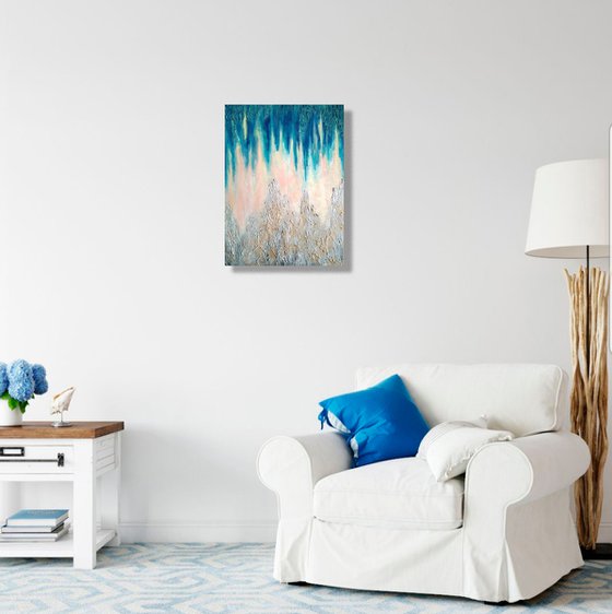 Northern Lights, Abstract Original Painting Blue Gold White 45x60 cm ready to hang