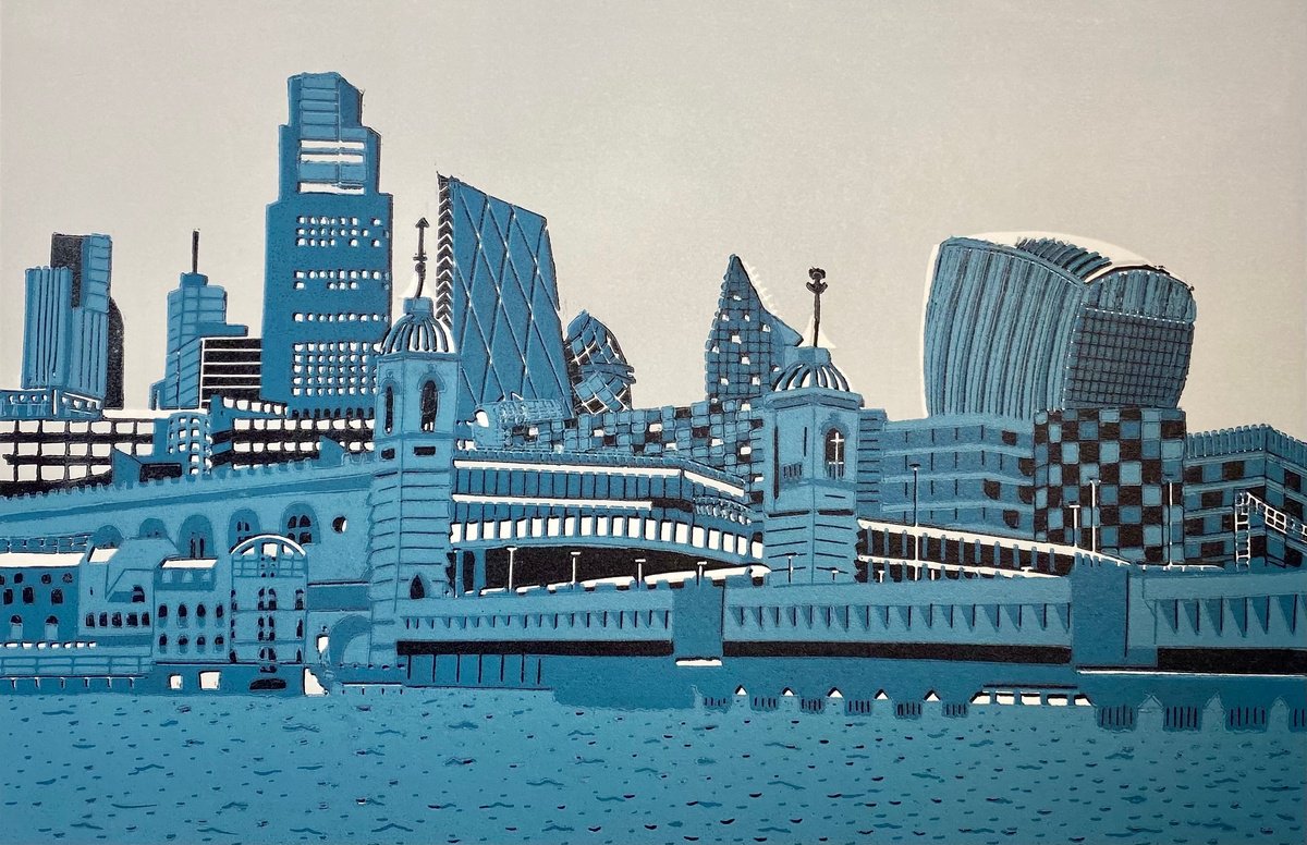 Illustrative Cityscapes Linocut By Nathalie Pymm Art, 12 X 8", Across The Bridge, Original Artwork