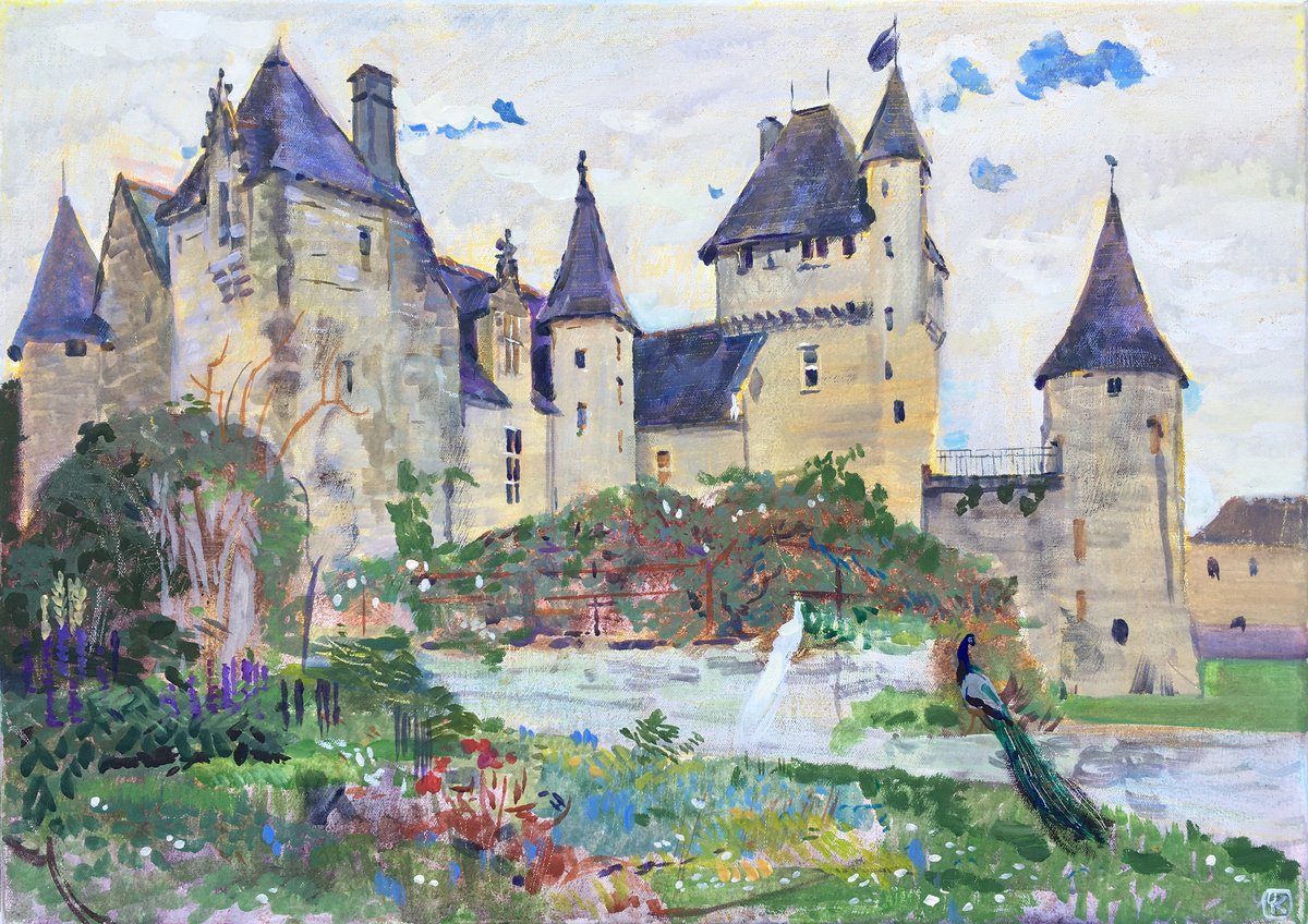 Impressionistic Landscape Acrylic Painting By Olga Kataeva-Rochford, 28 X 20", Rivau Castle. Two Peacocks, Original Artwork