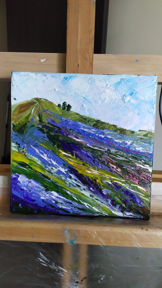 Lavender, small impasto oil painting, landscape art for home
