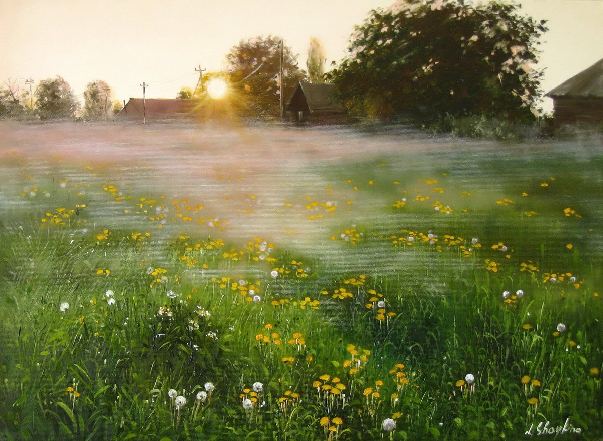 Photorealistic Oil Painting , Misty Meadow At Sunrise By Natalia Shaykina, 28 X 20, Artwork For Sale On Artfinder