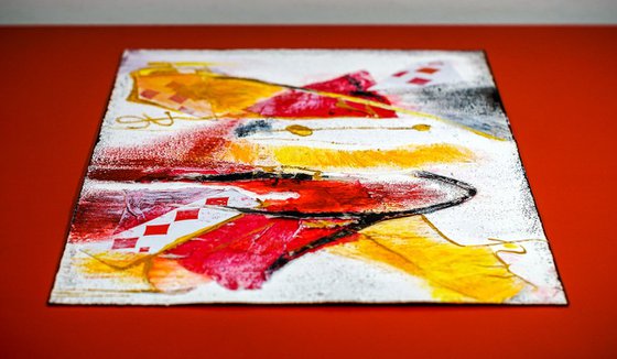 Yellow and Red Abstract Painting On Unframed A4 Paper