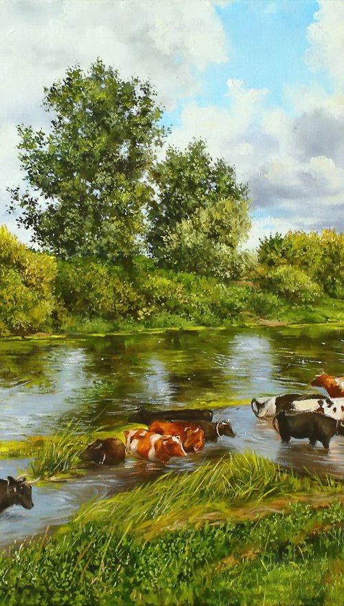 Cattle watering in a river, Pastoral Scene by Natalia Shaykina