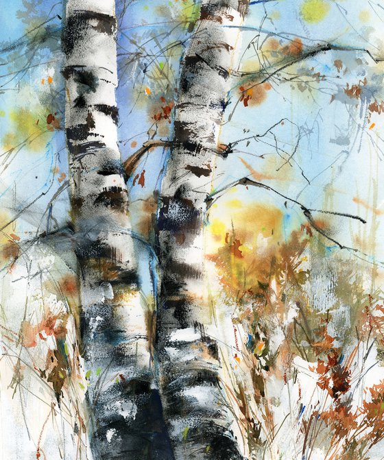 Birch Forest Landscape Nature Watercolor Painting, Trees Painting