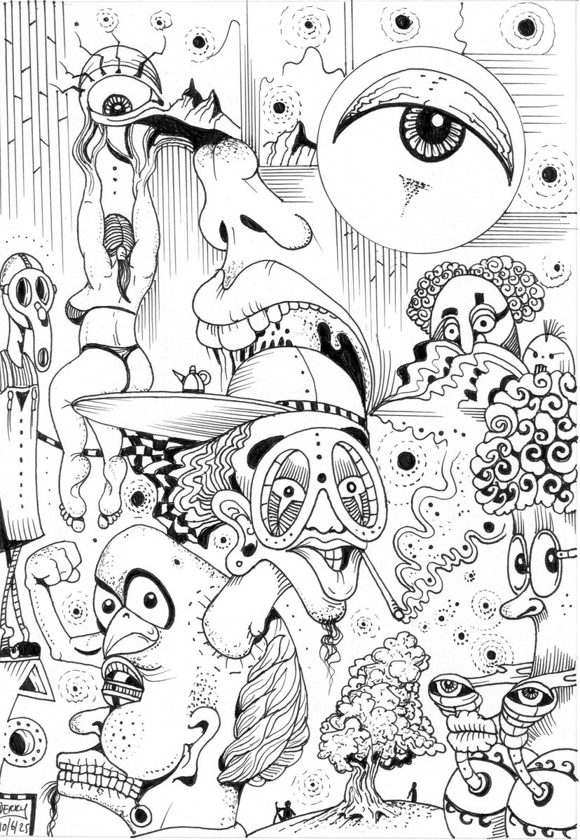 Surrealistic Portrait Ink Drawing By Spencer John Derry, 8 X 12", Flying On The Ground, Original Artwork