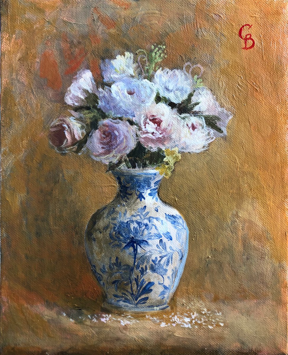 White Flowers in Blue and White Porcelain Vase by Caridad I. Barragan