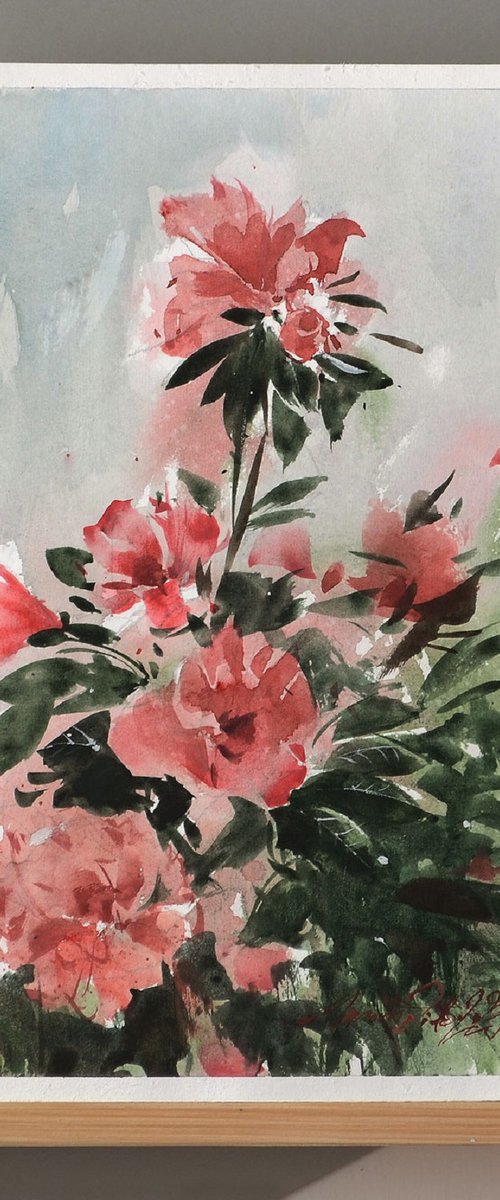 Flowers of Azaleas Unique Original Watercolor Painting. by Marin Victor