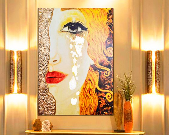 Golden Tears - original woman face art, fine art female portrait, mixed media painting