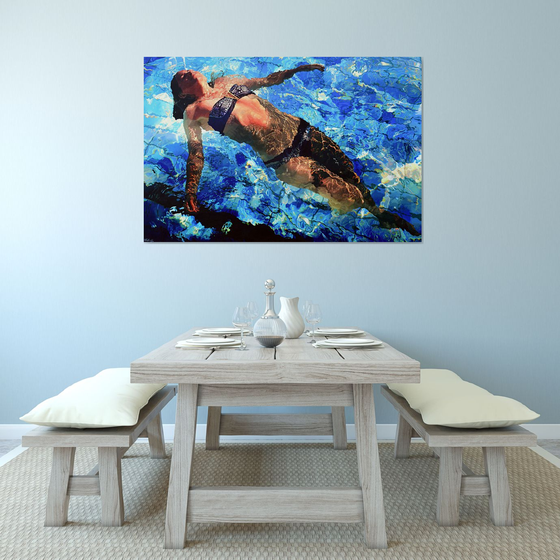 Adrift II - Extra large, statement swimming pool painting
