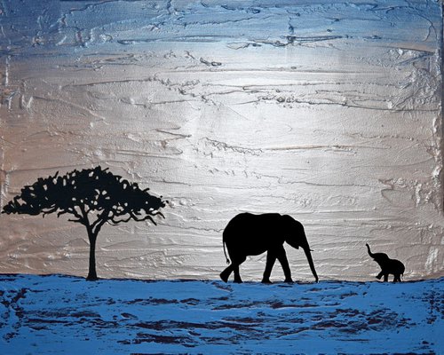 original abstract animal art acrylic silver blue impasto landscape "elephants at Dusk" africa animal painting art canvas - 40 x 50 cm by Stuart Wright
