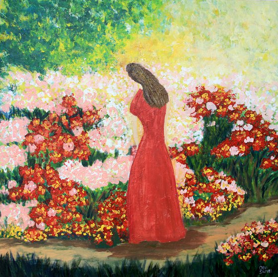 Silhouette of a girl in a rose garden. Original painting on canvas