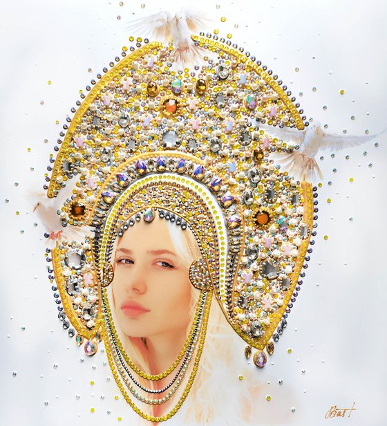 Queen Princess with jewelry crown. Folk art mixed media photo